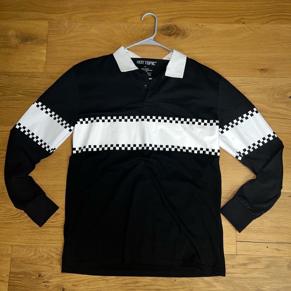 Black and White Checkered Stripe Long Sleeve Polo